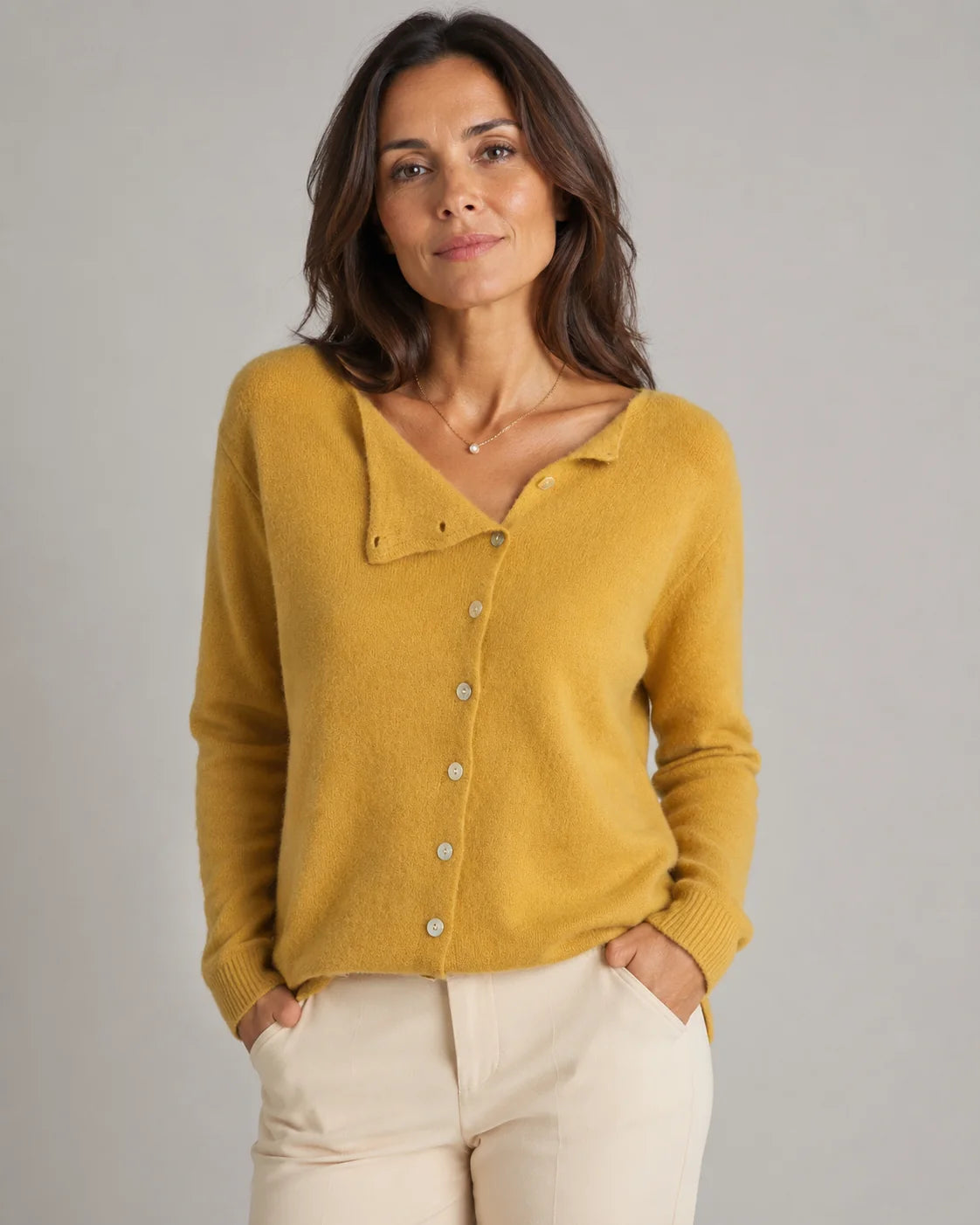 Soft Knit Round Neck Cardigan with Asymmetric Button Front