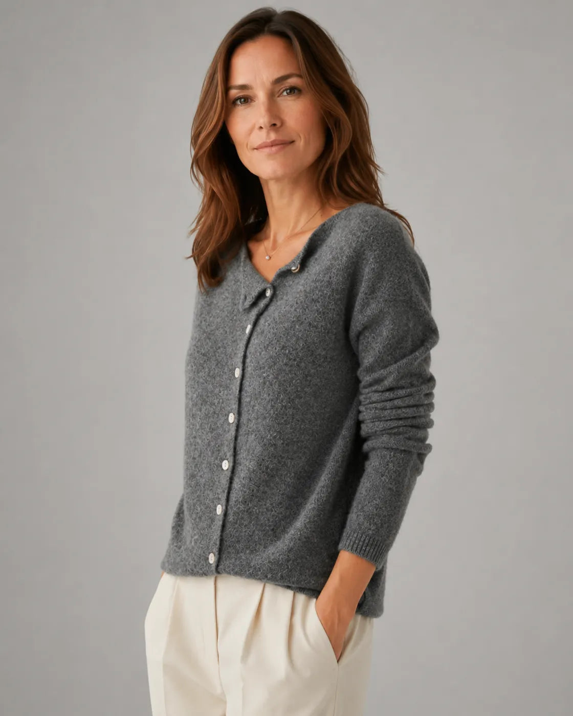 Soft Knit Round Neck Cardigan with Asymmetric Button Front