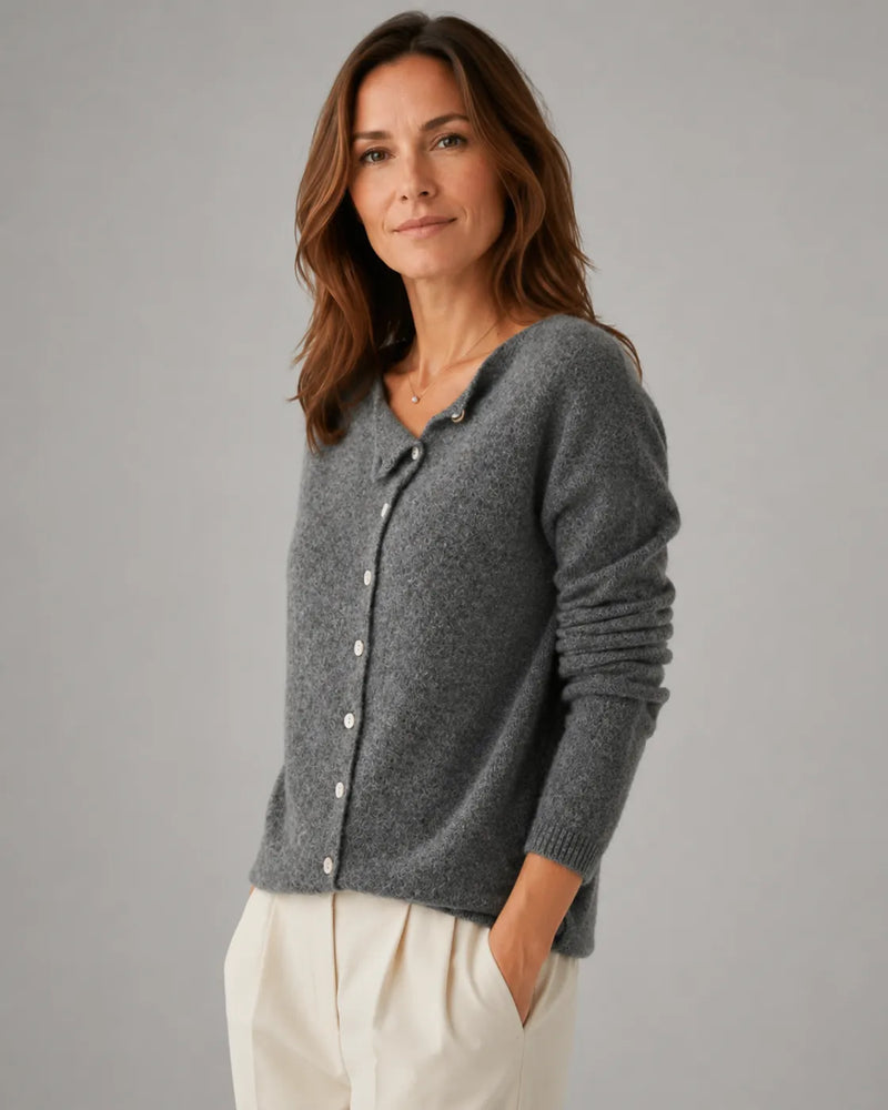 Soft Knit Round Neck Cardigan with Asymmetric Button Front
