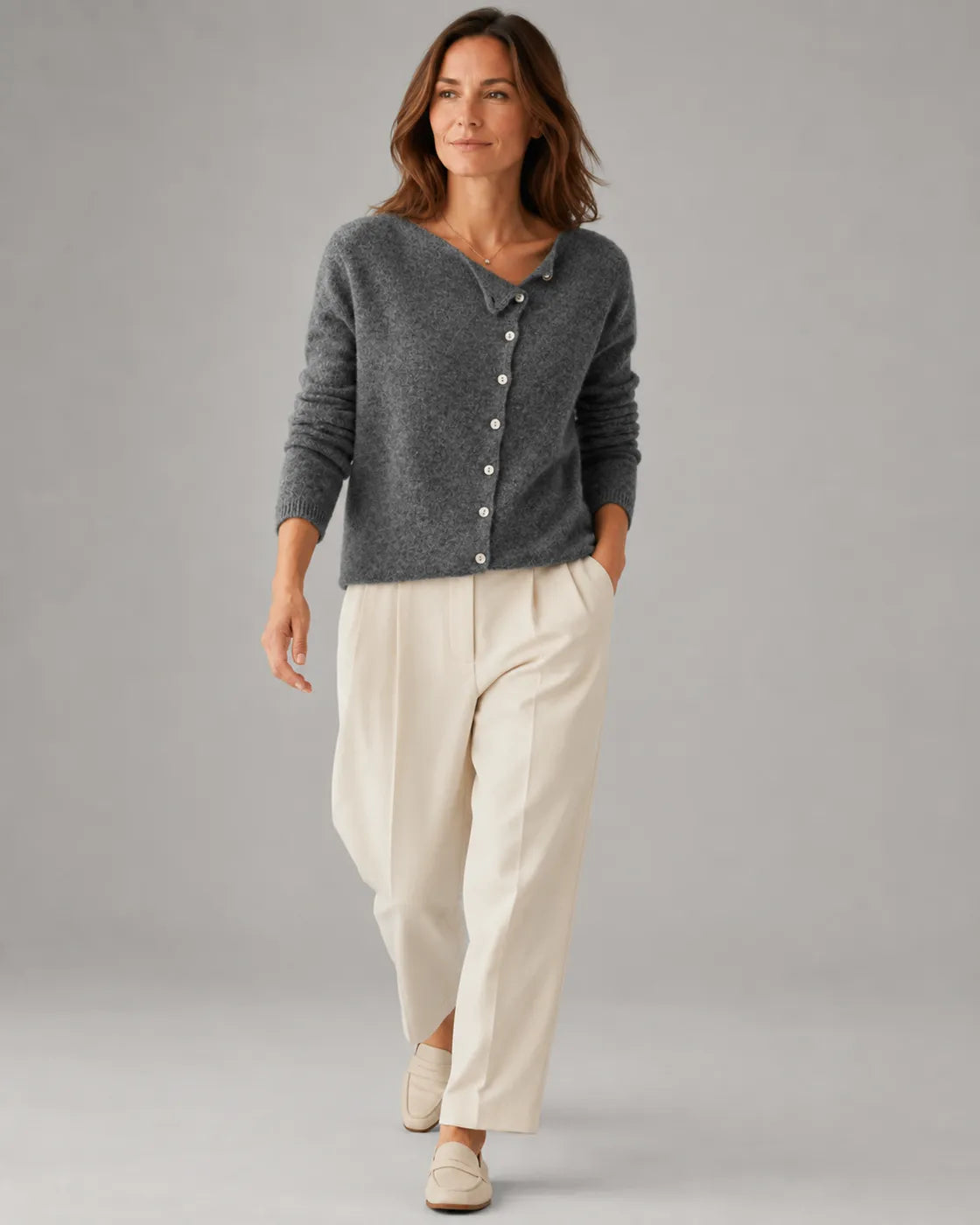 Soft Knit Round Neck Cardigan with Asymmetric Button Front