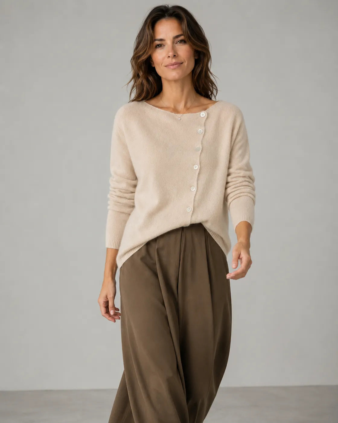 Soft Knit Round Neck Cardigan with Asymmetric Button Front