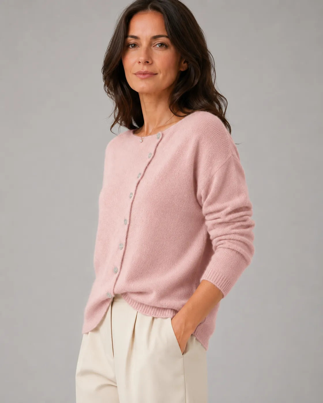 Soft Knit Round Neck Cardigan with Asymmetric Button Front