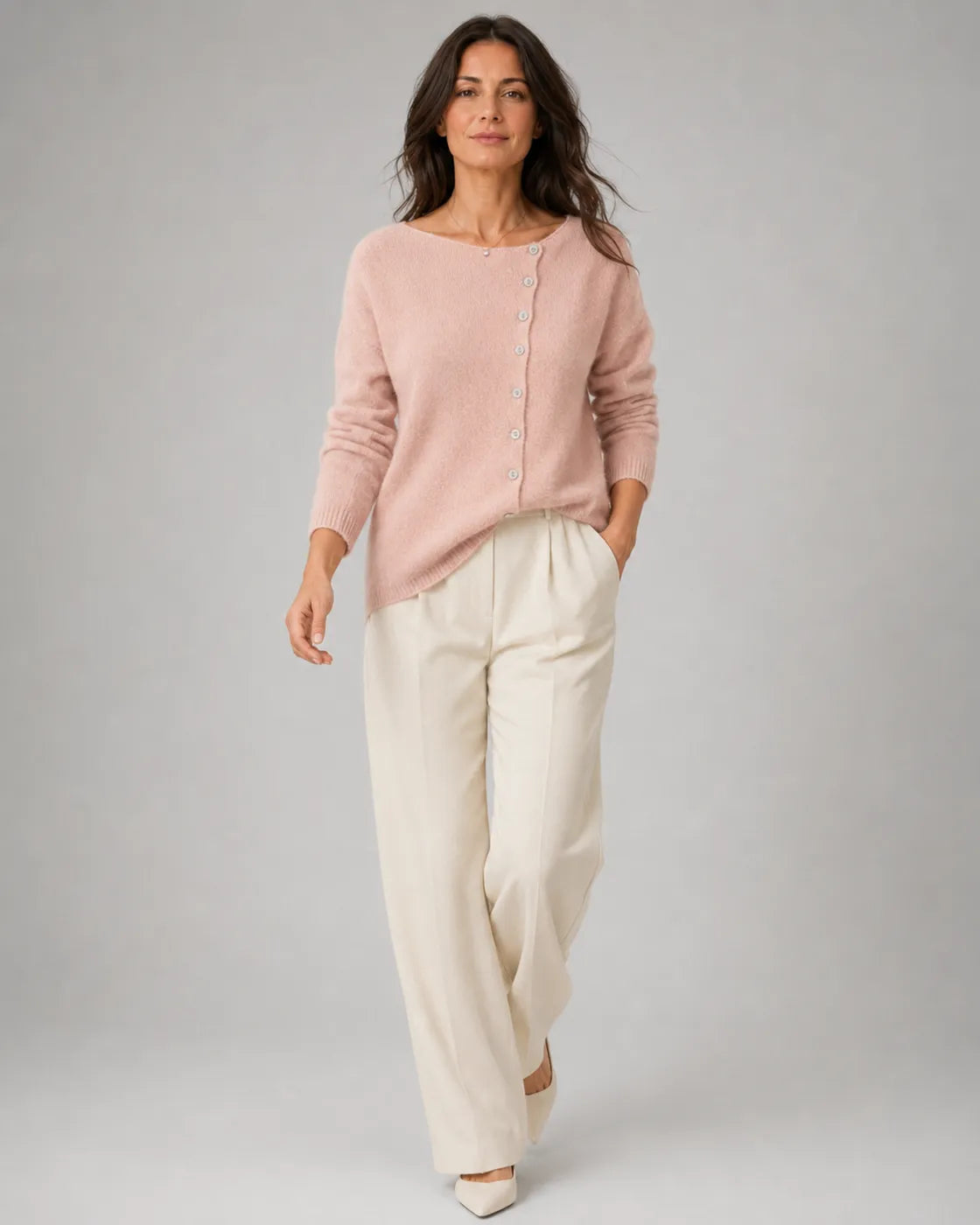 Soft Knit Round Neck Cardigan with Asymmetric Button Front