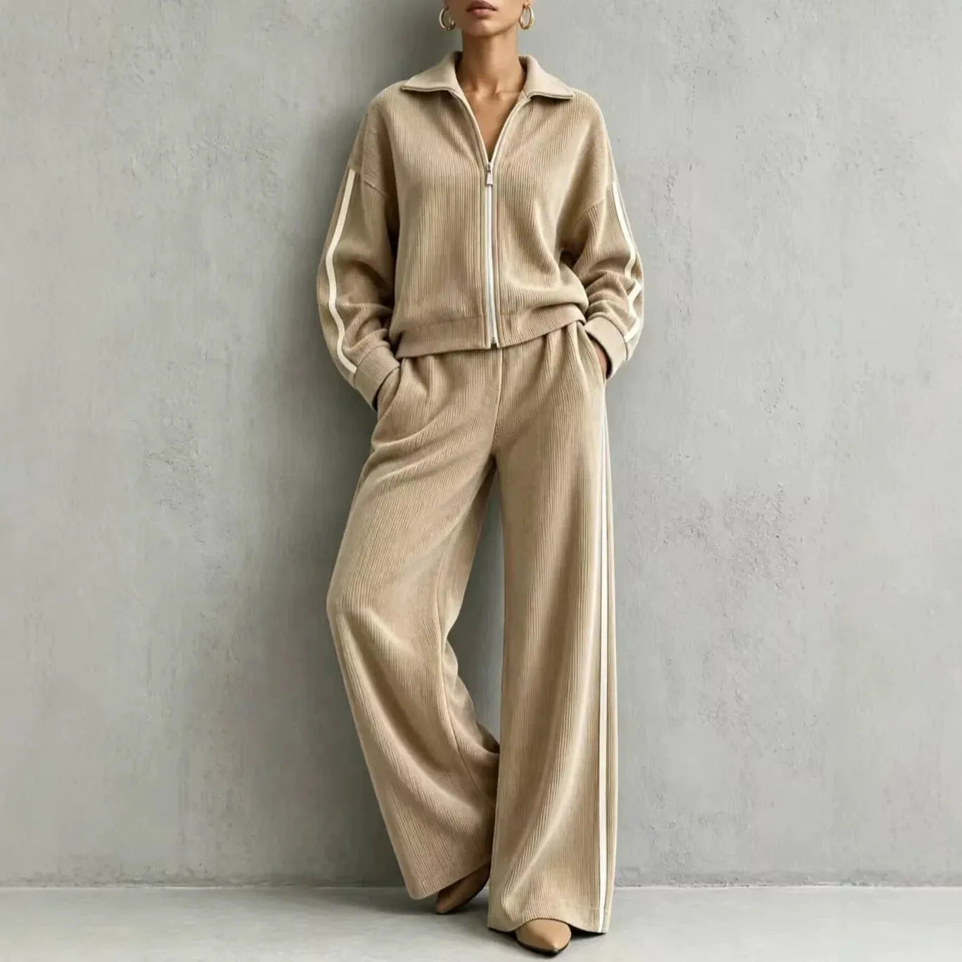 Solid Lapel Long Sleeve Wide-Leg Two-Piece Set Casual | Kora Collection