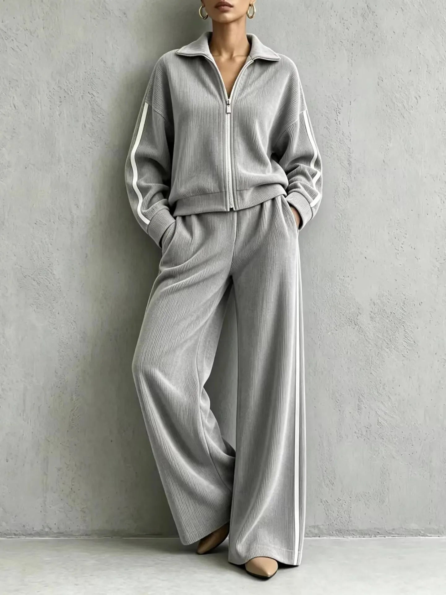 Solid Lapel Long Sleeve Wide-Leg Two-Piece Set Casual | Kora Collection