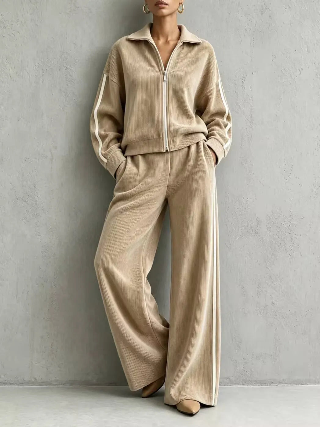 Solid Lapel Long Sleeve Wide-Leg Two-Piece Set Casual | Kora Collection