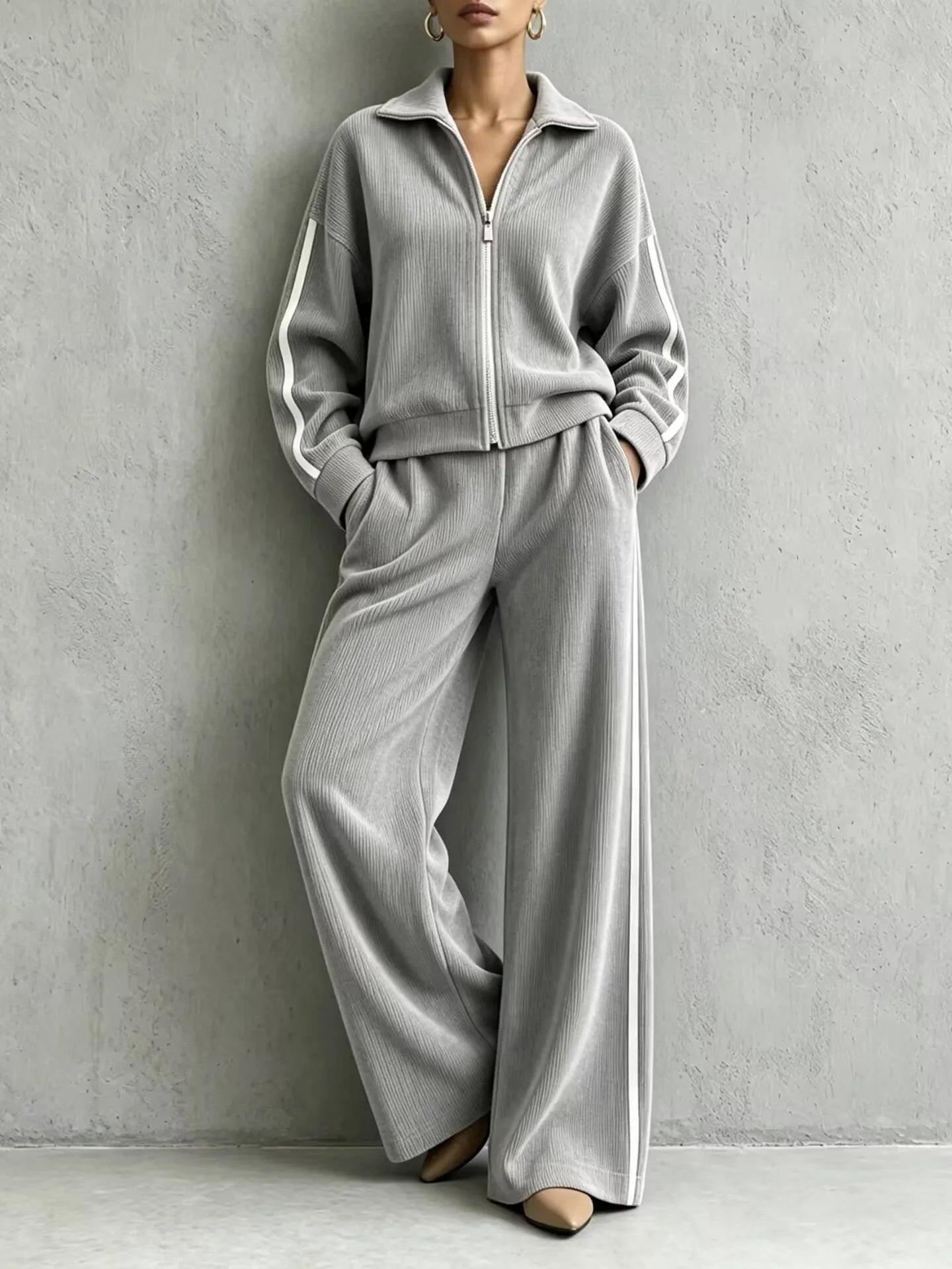 Solid Lapel Long Sleeve Wide-Leg Two-Piece Set Casual | Kora Collection