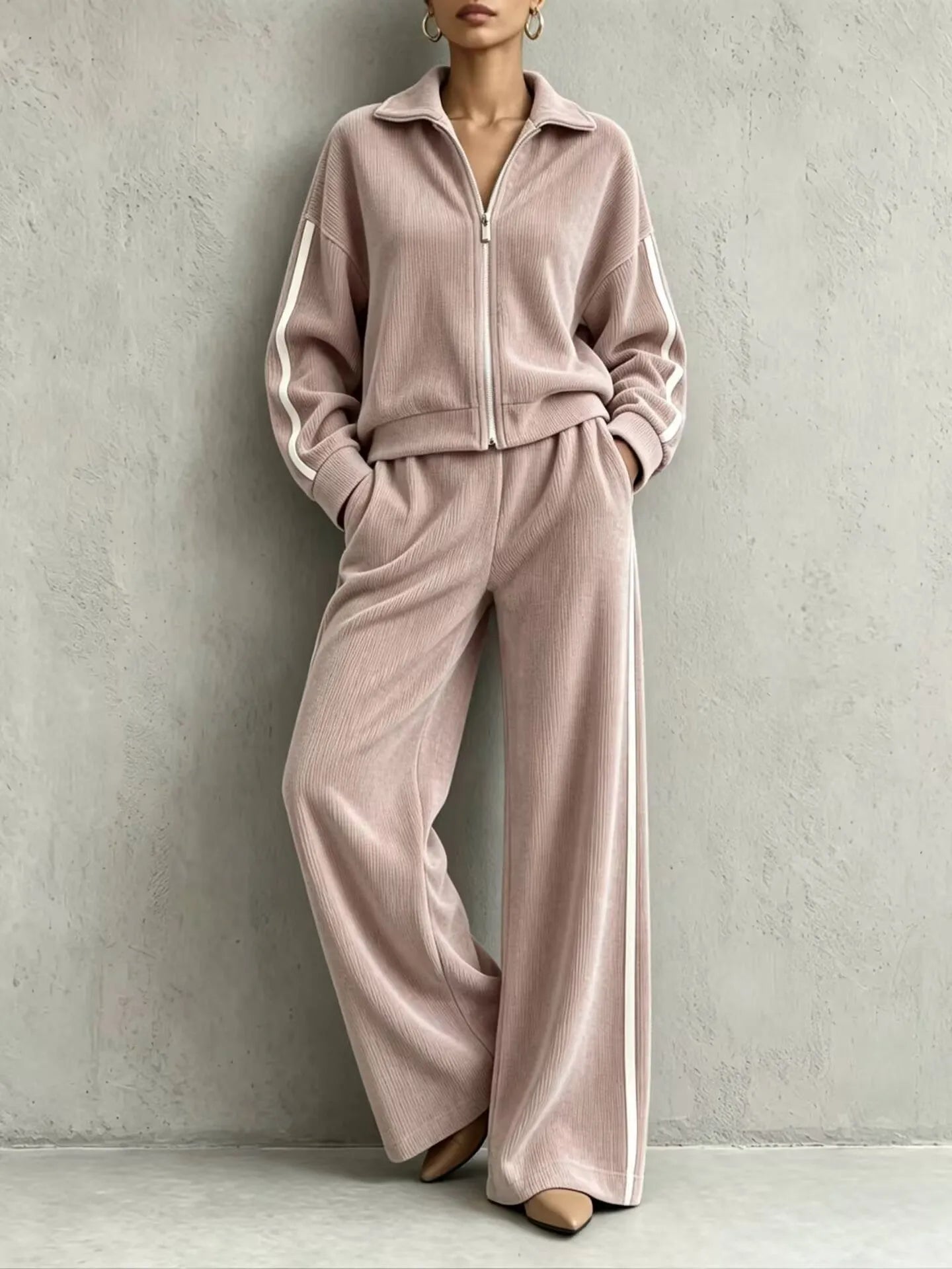 Solid Lapel Long Sleeve Wide-Leg Two-Piece Set Casual | Kora Collection