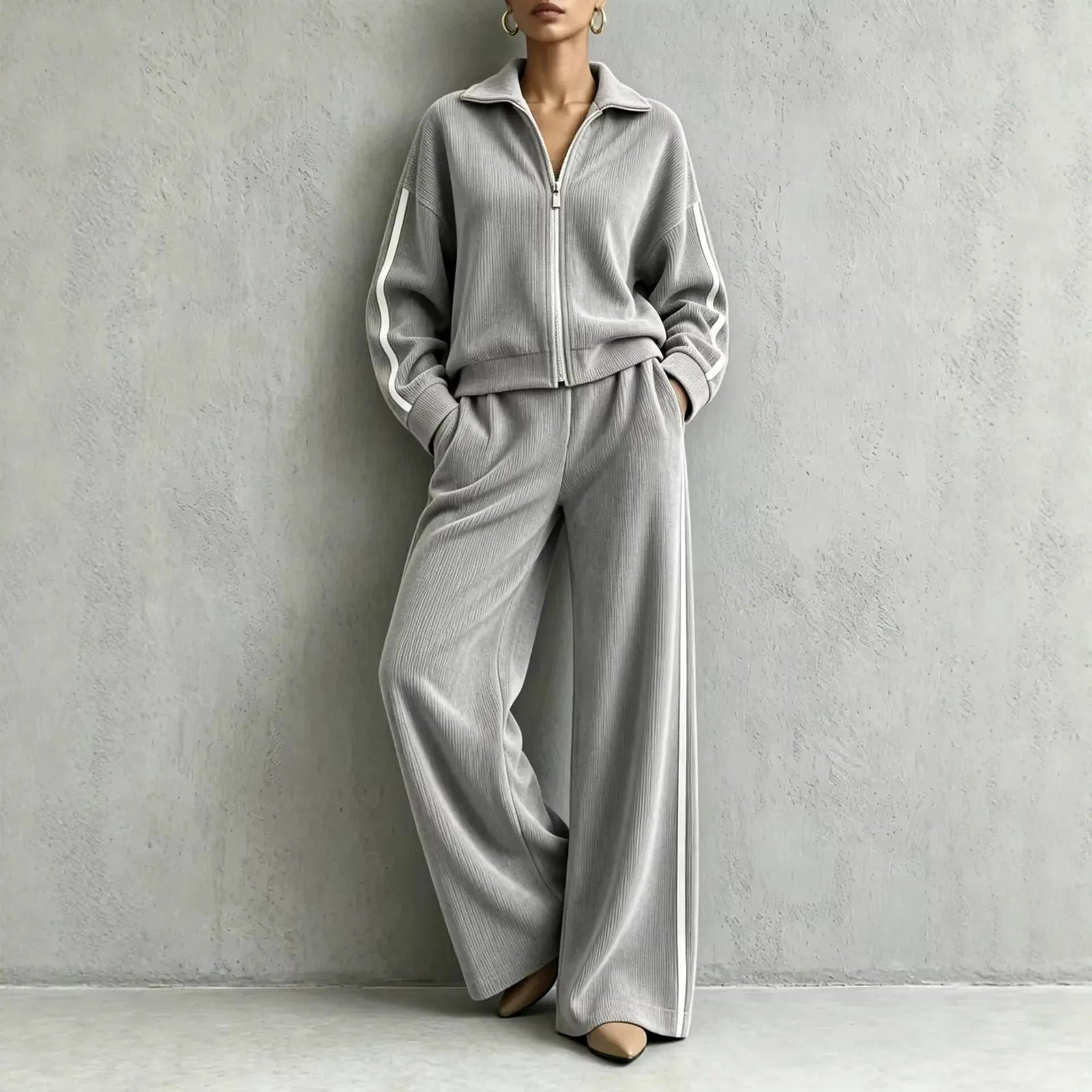 Solid Lapel Long Sleeve Wide-Leg Two-Piece Set Casual | Kora Collection