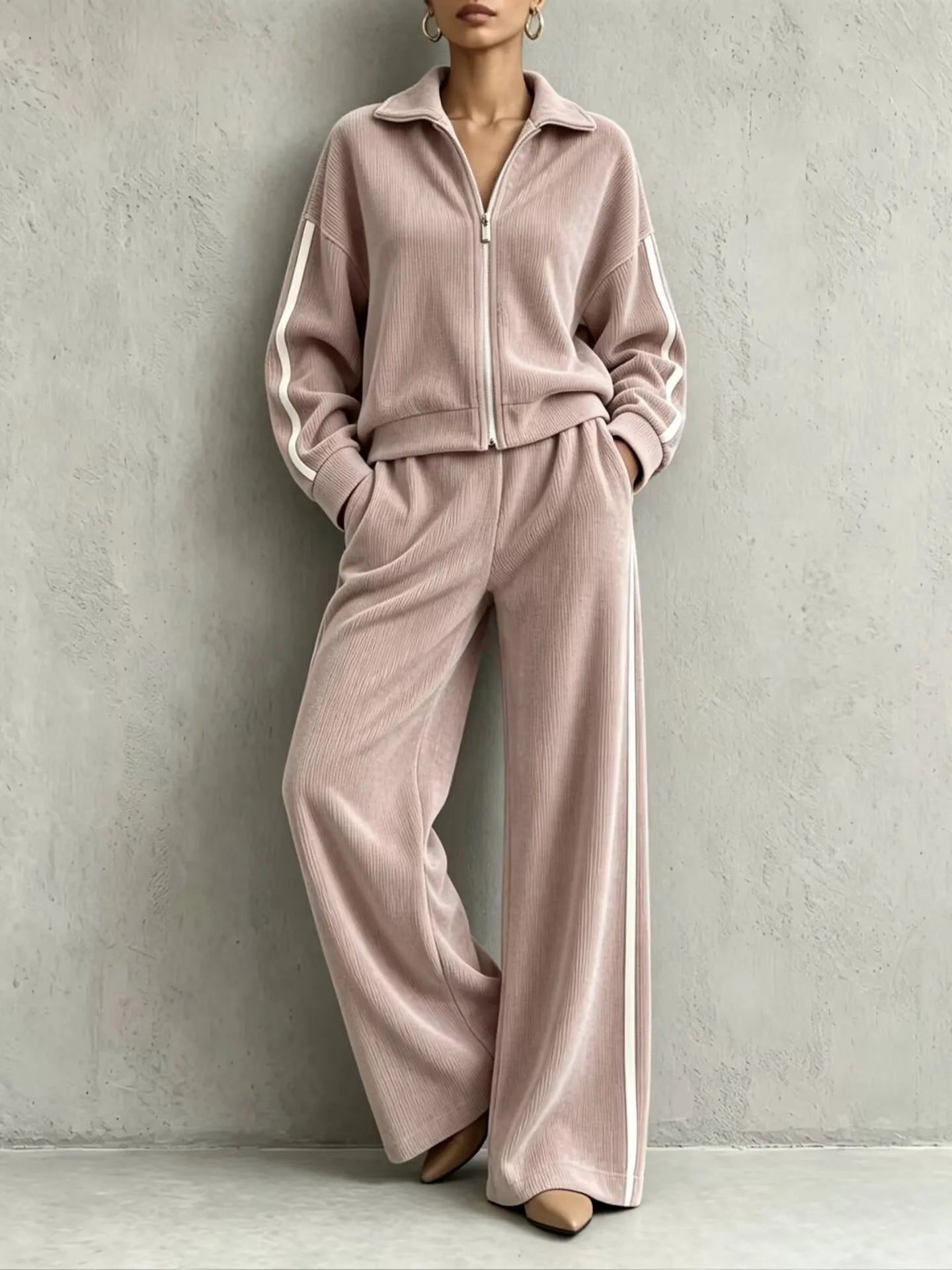 Solid Lapel Long Sleeve Wide-Leg Two-Piece Set Casual | Kora Collection