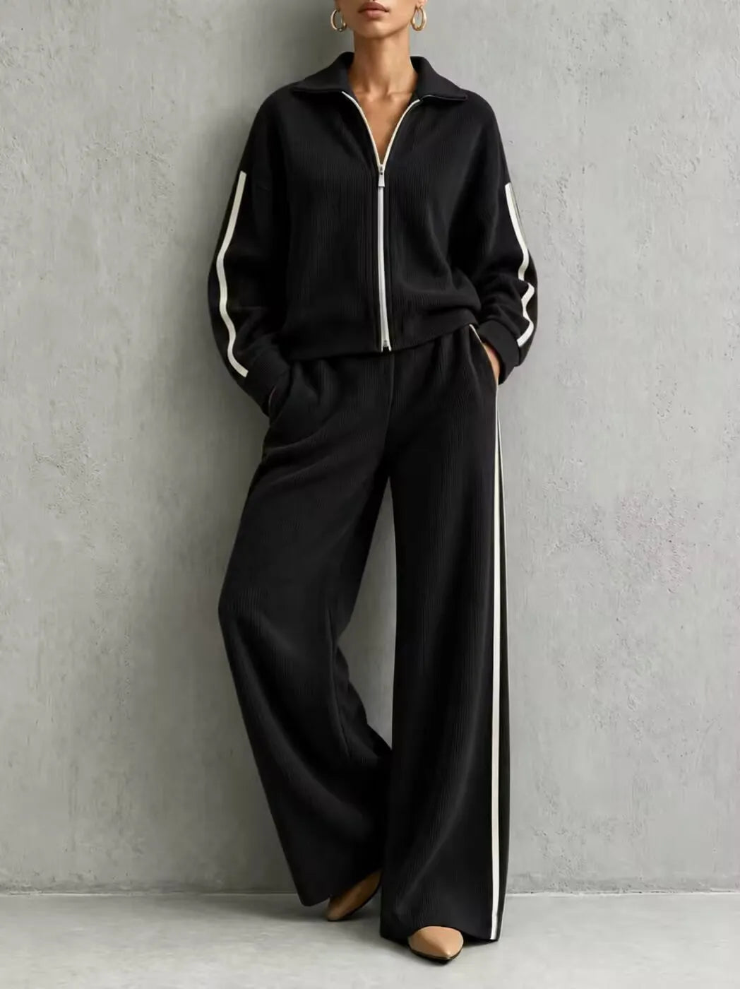 Solid Lapel Long Sleeve Wide-Leg Two-Piece Set Casual | Kora Collection