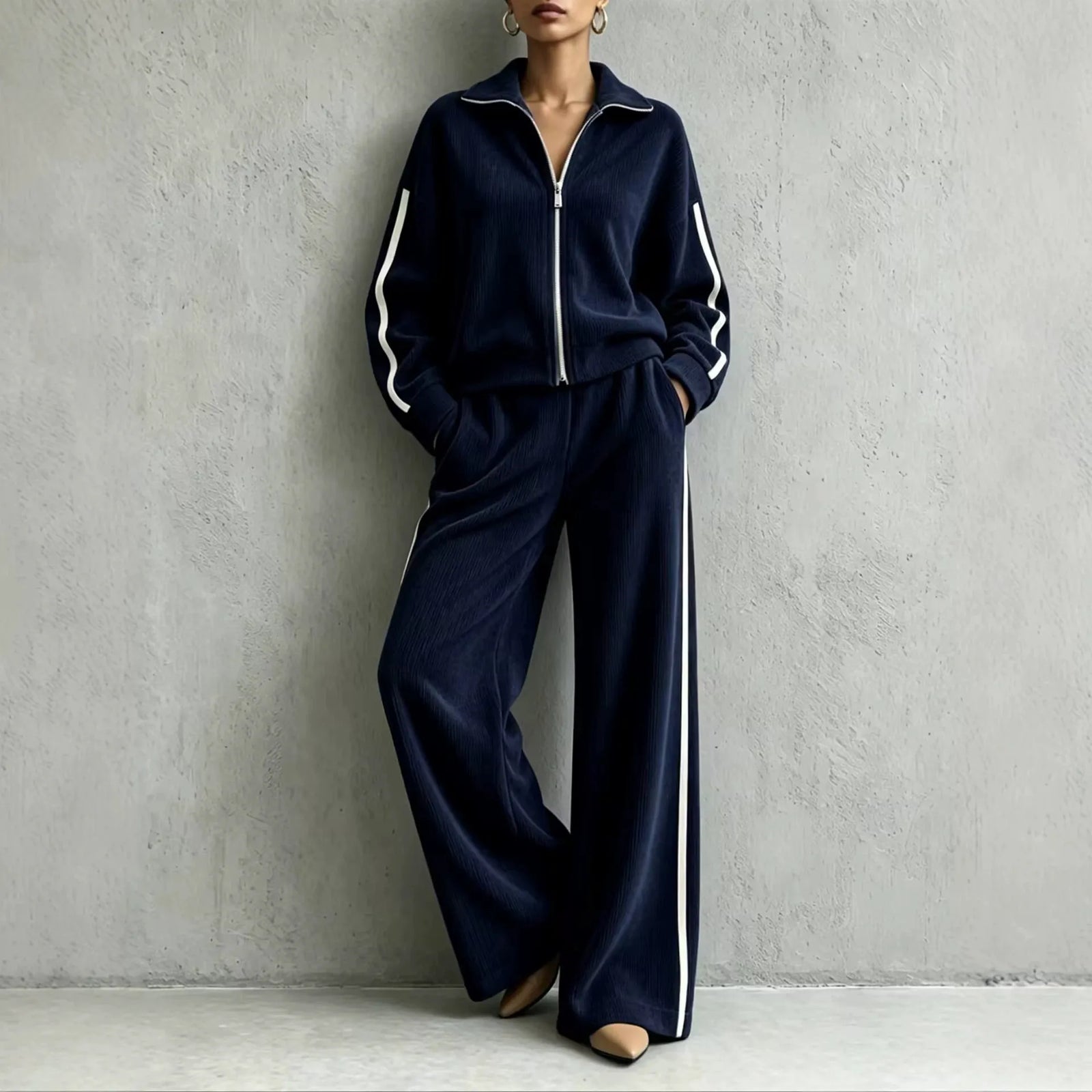 Solid Lapel Long Sleeve Wide-Leg Two-Piece Set Casual | Kora Collection
