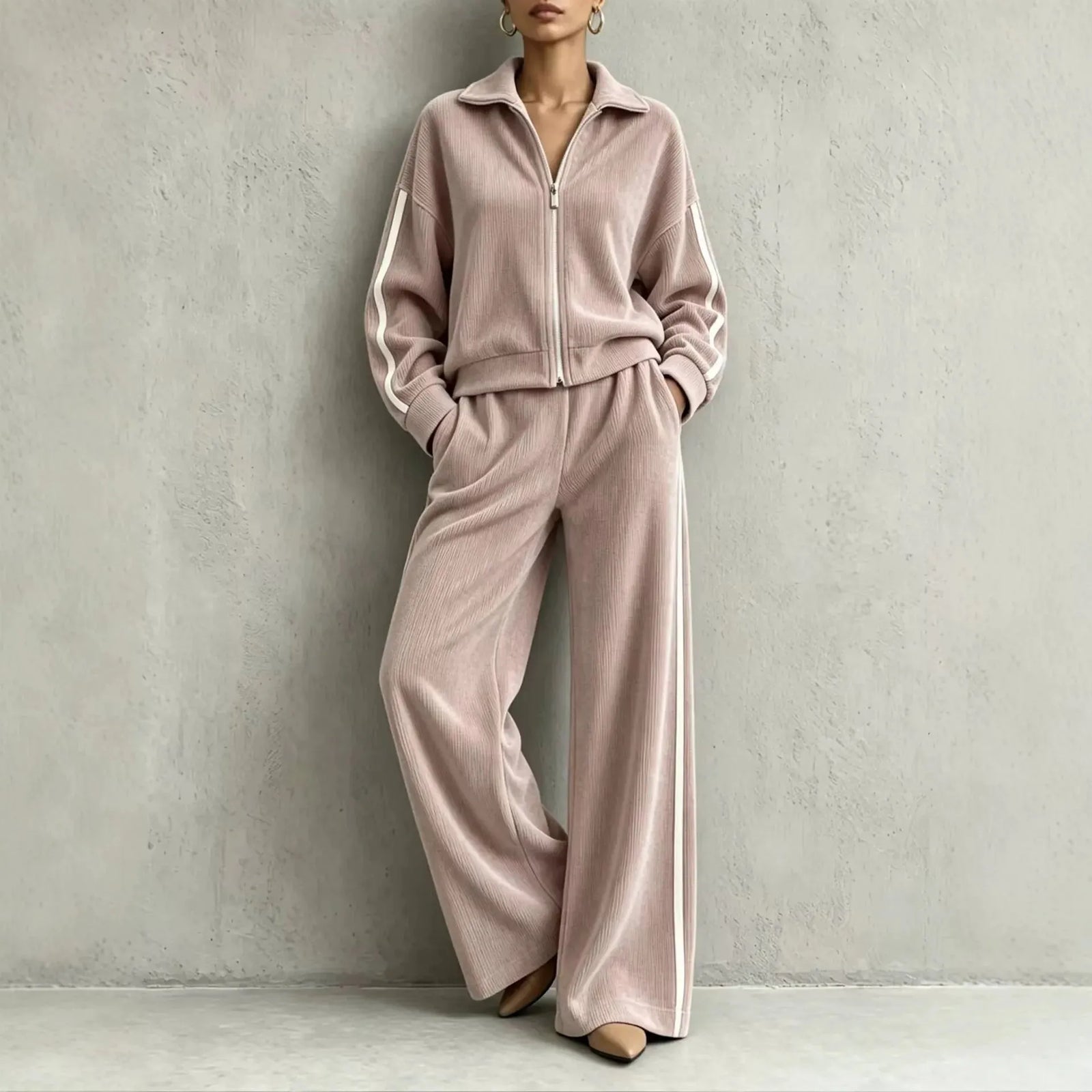 Solid Lapel Long Sleeve Wide-Leg Two-Piece Set Casual | Kora Collection