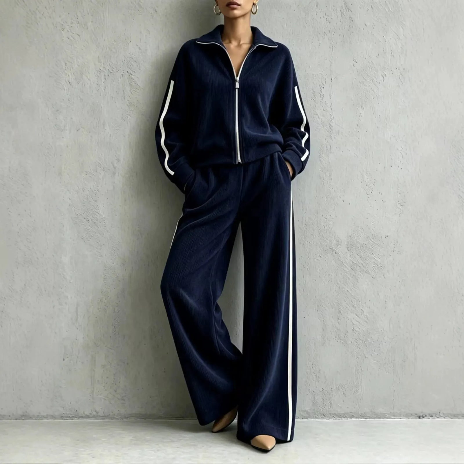 Solid Lapel Long Sleeve Wide-Leg Two-Piece Set Casual | Kora Collection