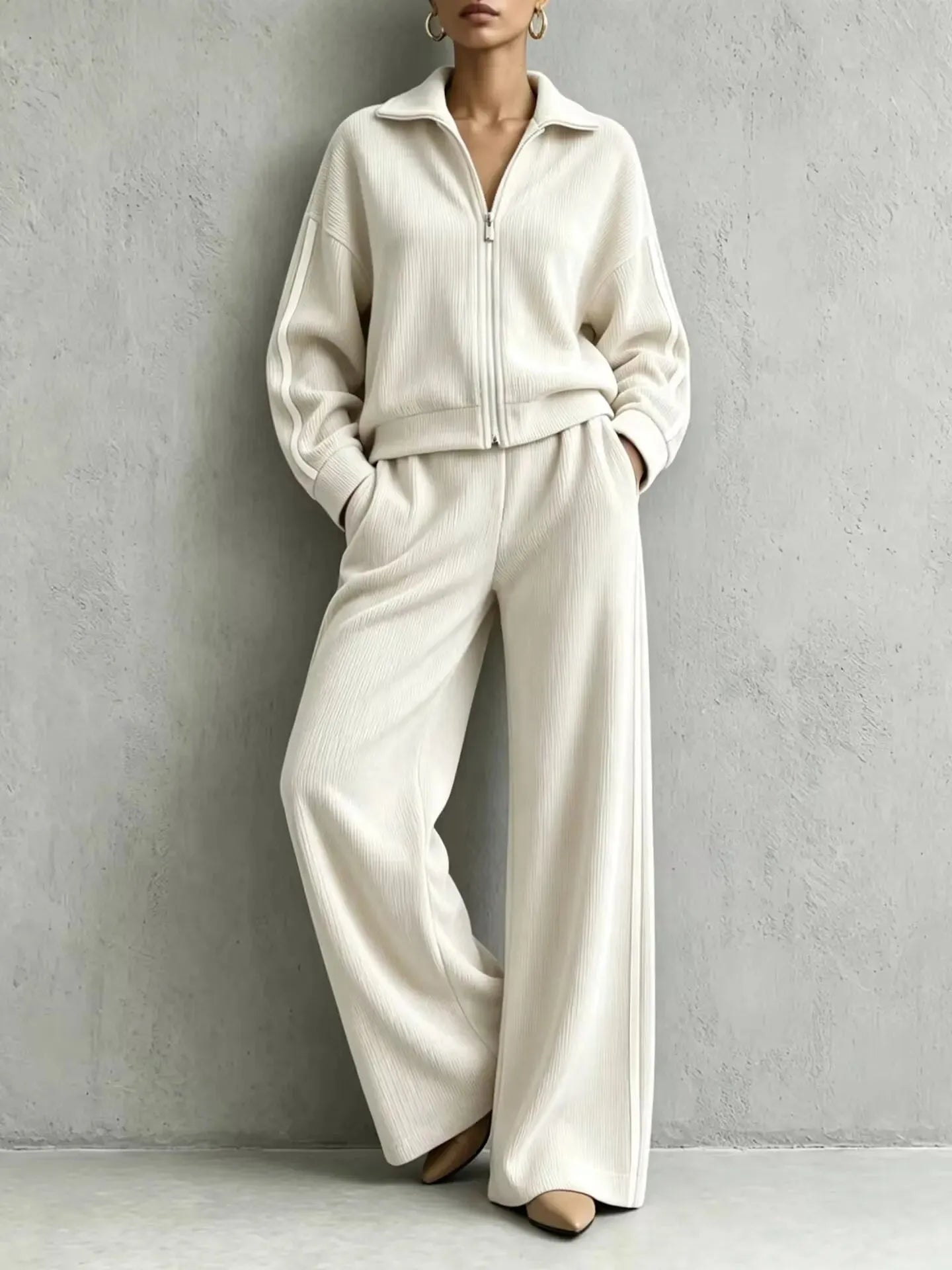 Solid Lapel Long Sleeve Wide-Leg Two-Piece Set Casual | Kora Collection