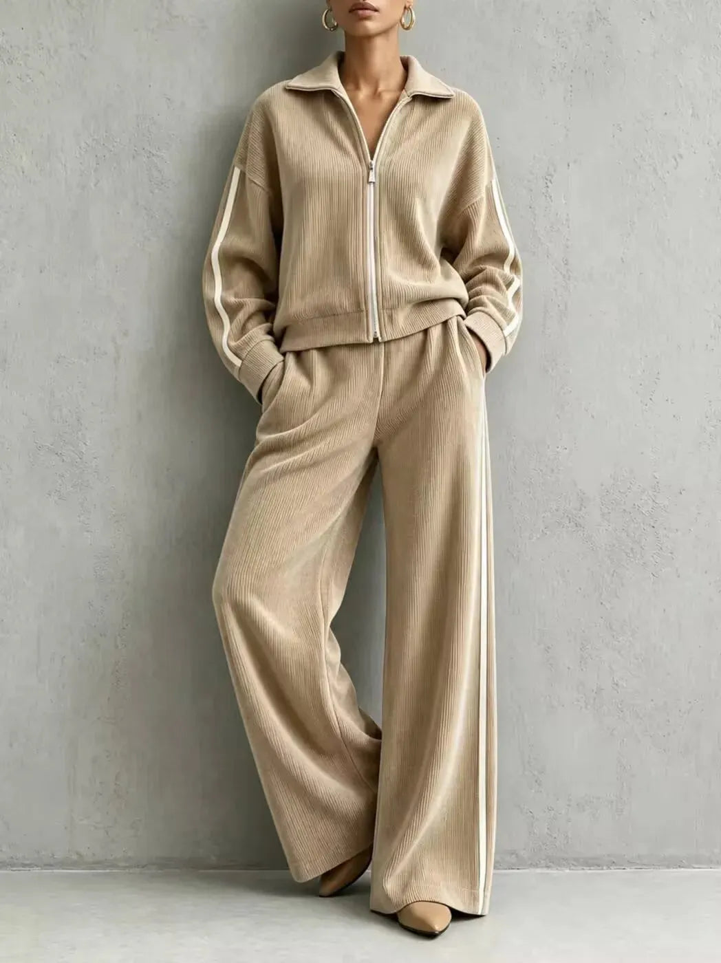 Solid Lapel Long Sleeve Wide-Leg Two-Piece Set Casual | Kora Collection
