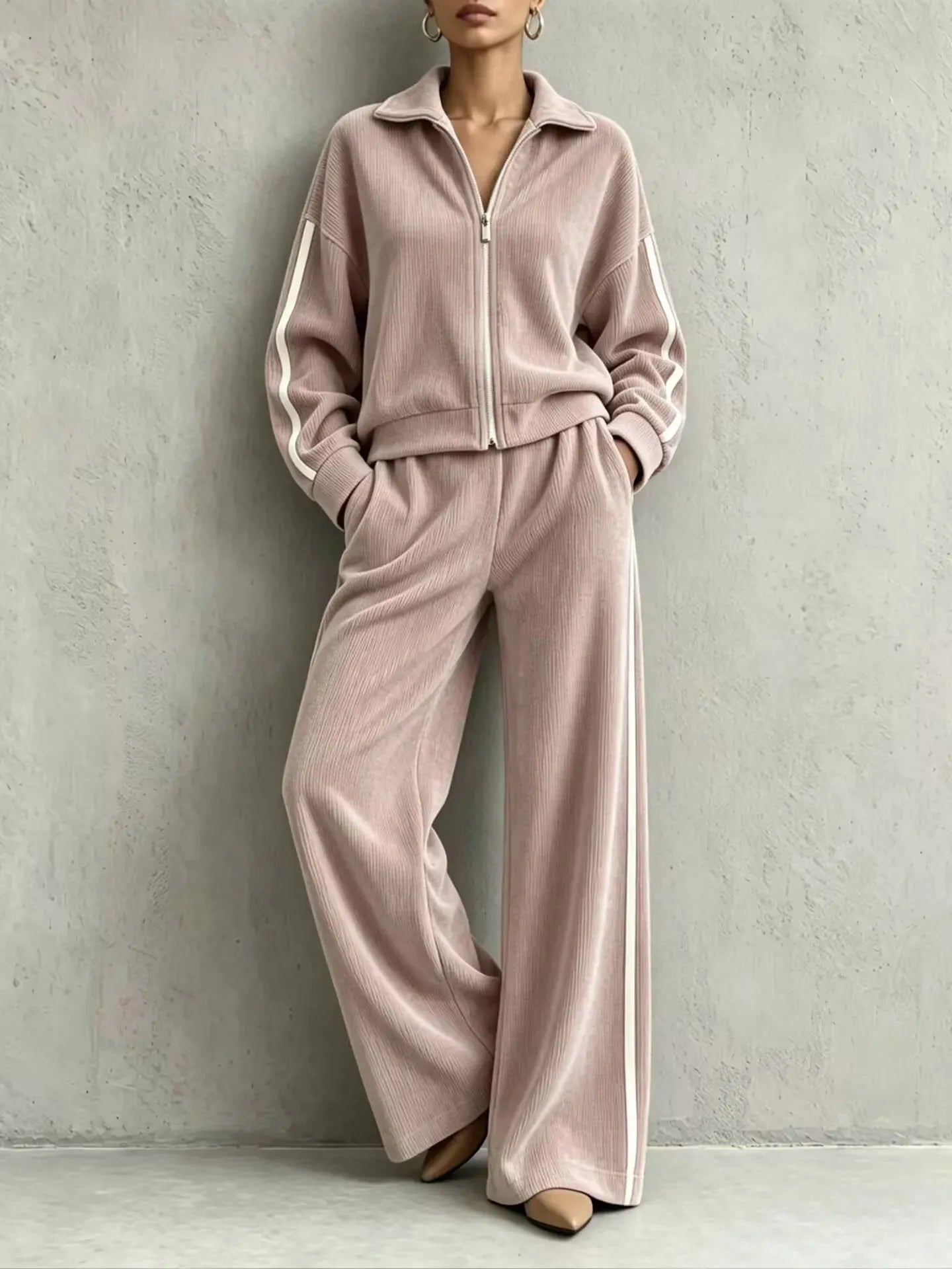 Solid Lapel Long Sleeve Wide-Leg Two-Piece Set Casual | Kora Collection