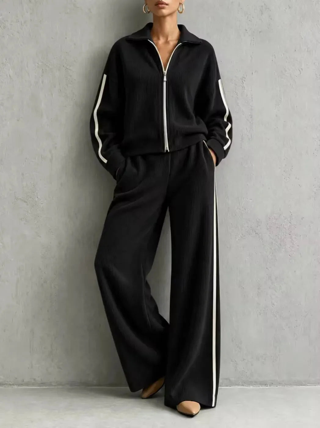 Solid Lapel Long Sleeve Wide-Leg Two-Piece Set Casual | Kora Collection