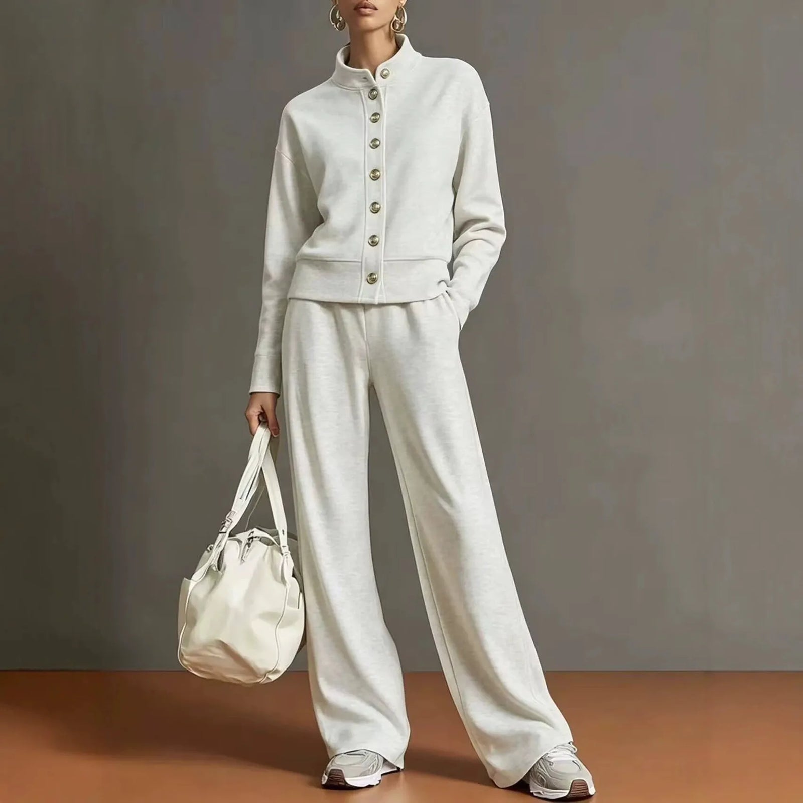 Solid Stand Collar Long Sleeve Wide-Leg Tracksuit Lounge Set | Seraphina Collection
