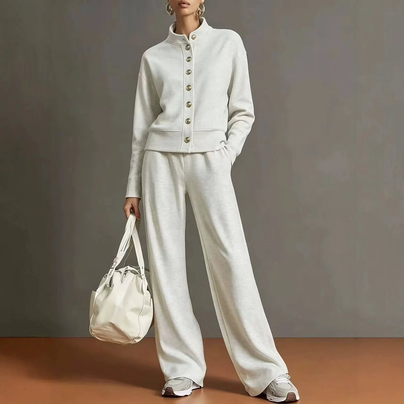 Solid Stand Collar Long Sleeve Wide-Leg Tracksuit Lounge Set | Seraphina Collection
