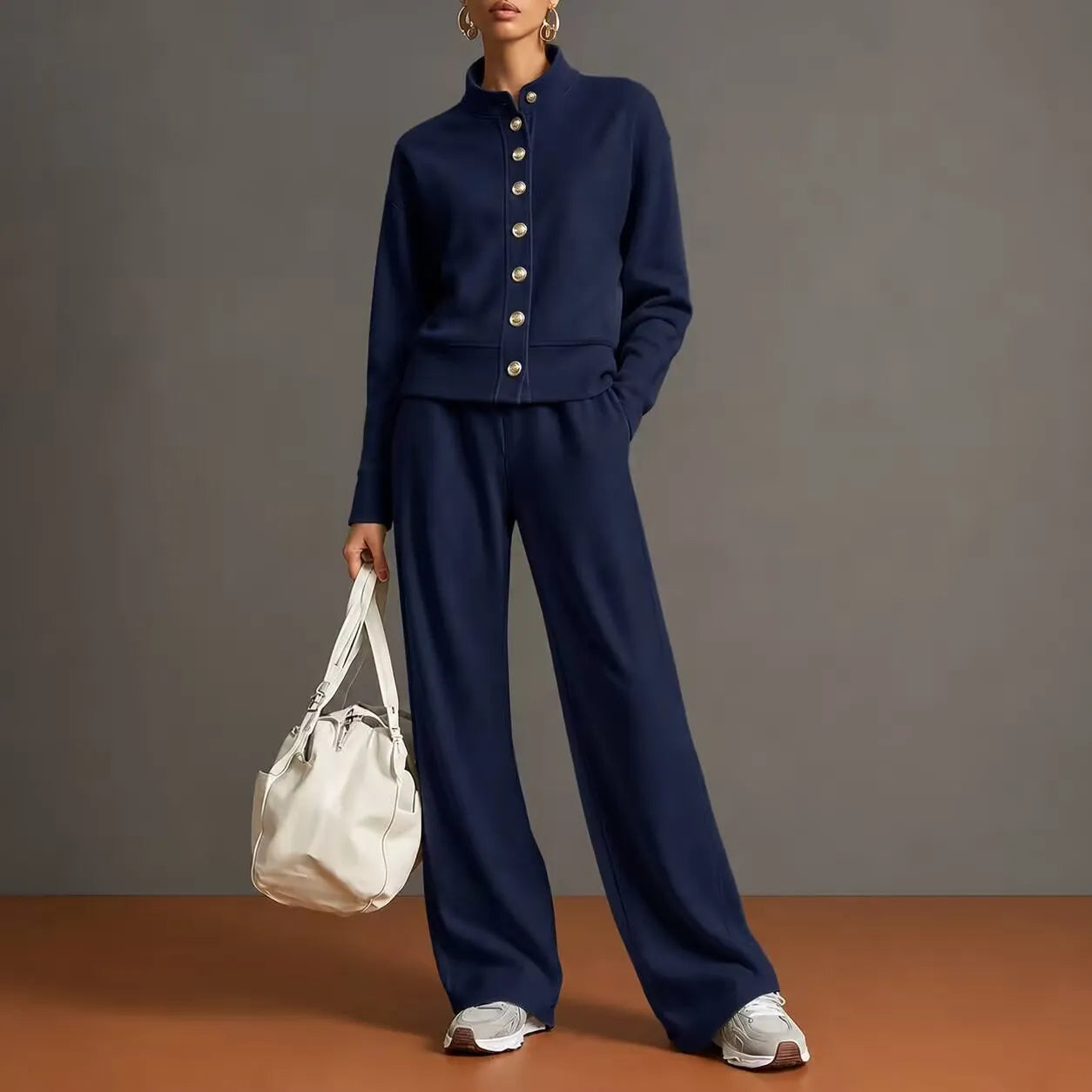 Solid Stand Collar Long Sleeve Wide-Leg Tracksuit Lounge Set | Seraphina Collection