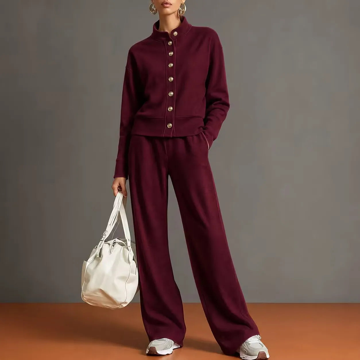 Solid Stand Collar Long Sleeve Wide-Leg Tracksuit Lounge Set | Seraphina Collection
