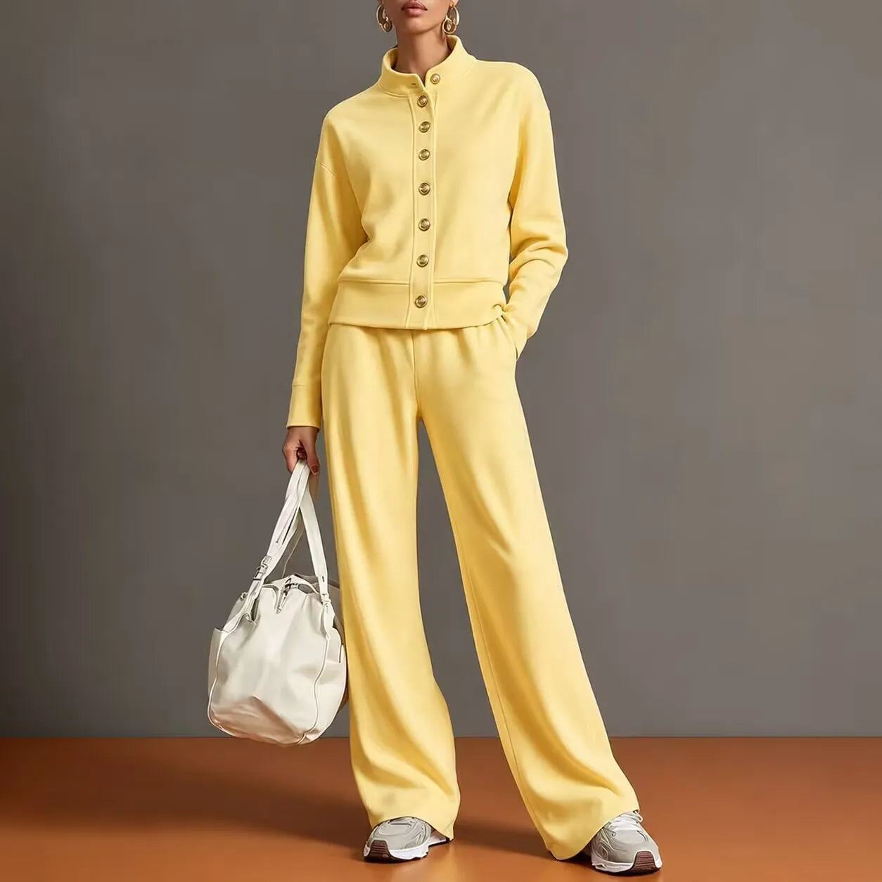 Solid Stand Collar Long Sleeve Wide-Leg Tracksuit Lounge Set | Seraphina Collection