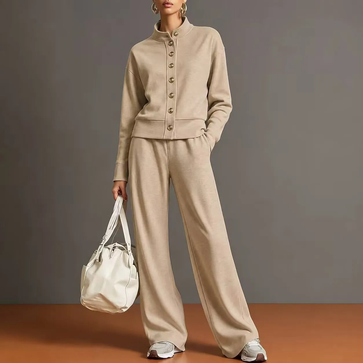 Solid Stand Collar Long Sleeve Wide-Leg Tracksuit Lounge Set | Seraphina Collection