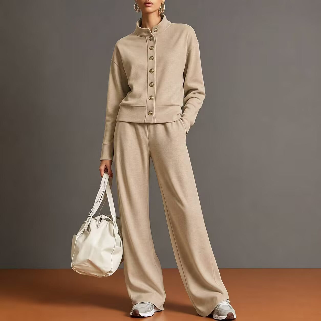 Solid Stand Collar Long Sleeve Wide-Leg Tracksuit Lounge Set | Seraphina Collection