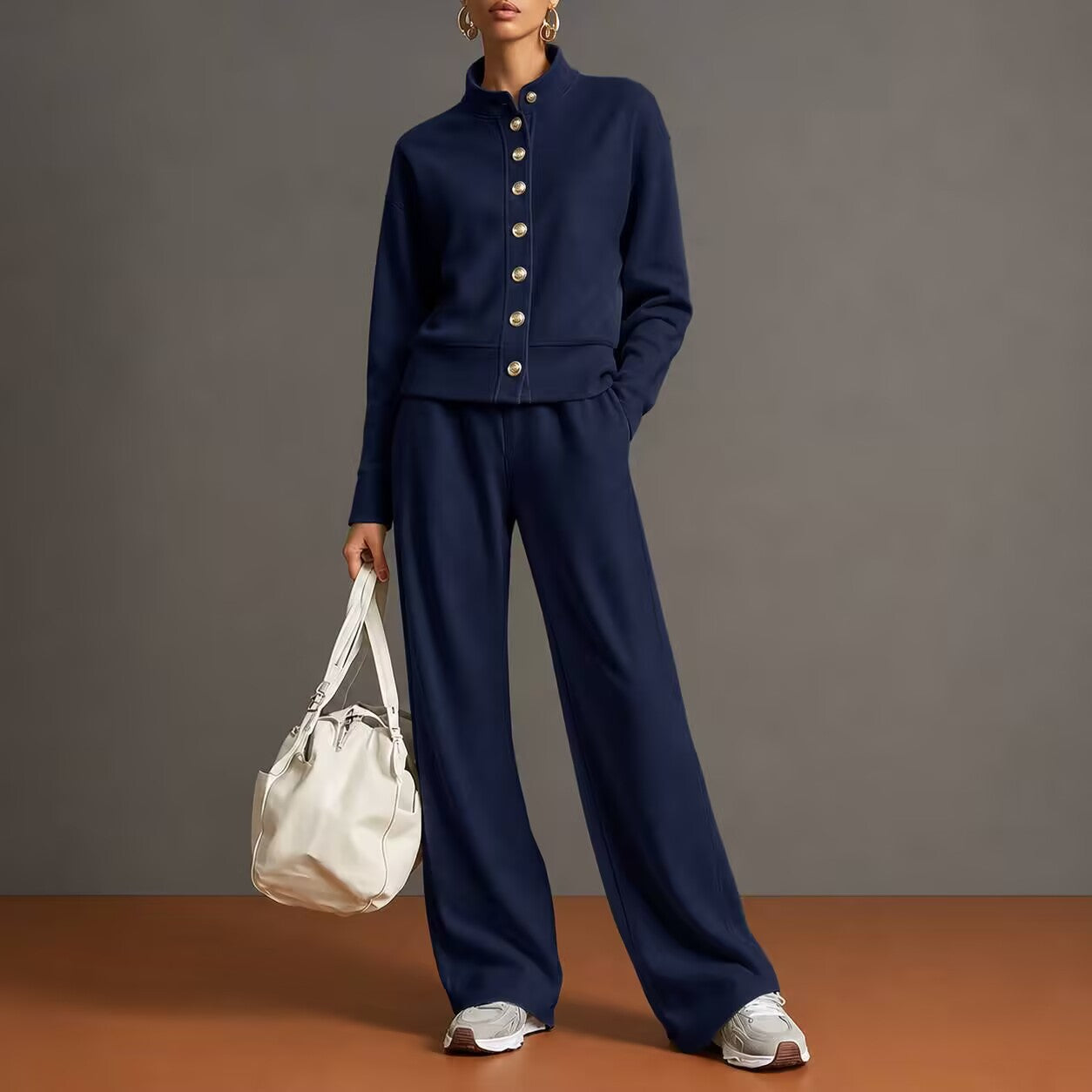 Solid Stand Collar Long Sleeve Wide-Leg Tracksuit Lounge Set | Seraphina Collection