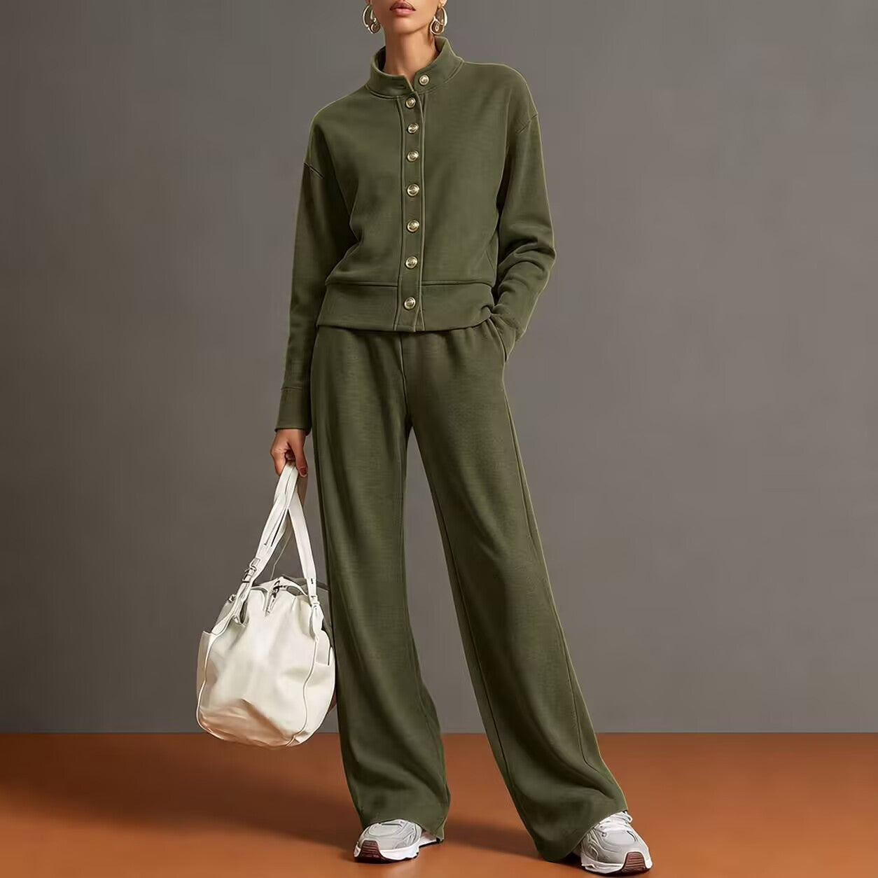 Solid Stand Collar Long Sleeve Wide-Leg Tracksuit Lounge Set | Seraphina Collection
