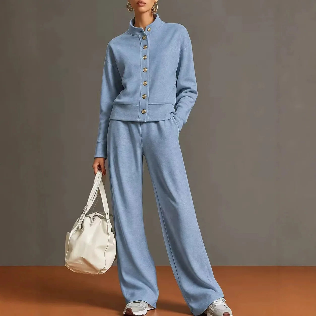 Solid Stand Collar Long Sleeve Wide-Leg Tracksuit Lounge Set | Seraphina Collection