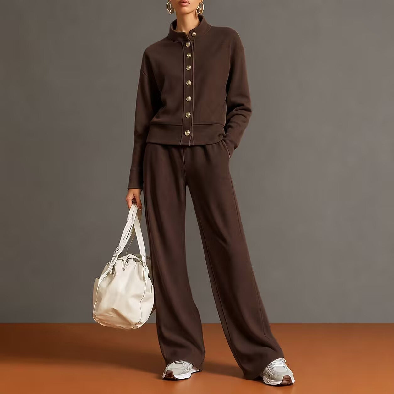 Solid Stand Collar Long Sleeve Wide-Leg Tracksuit Lounge Set | Seraphina Collection