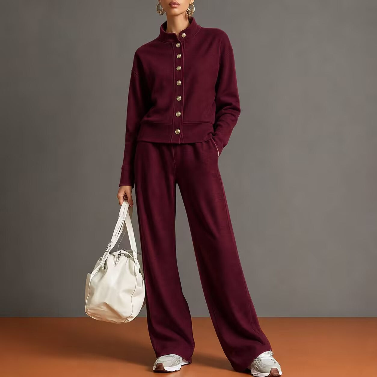 Solid Stand Collar Long Sleeve Wide-Leg Tracksuit Lounge Set | Seraphina Collection