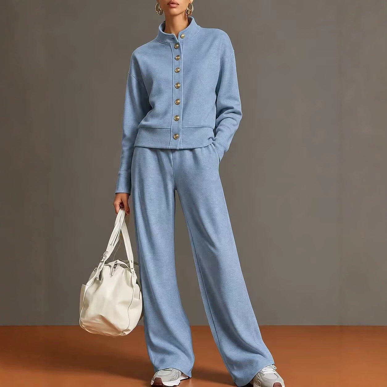 Solid Stand Collar Long Sleeve Wide-Leg Tracksuit Lounge Set | Seraphina Collection