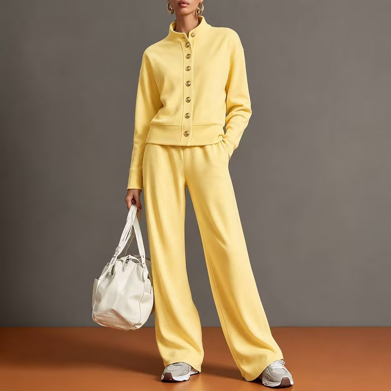 Solid Stand Collar Long Sleeve Wide-Leg Tracksuit Lounge Set | Seraphina Collection