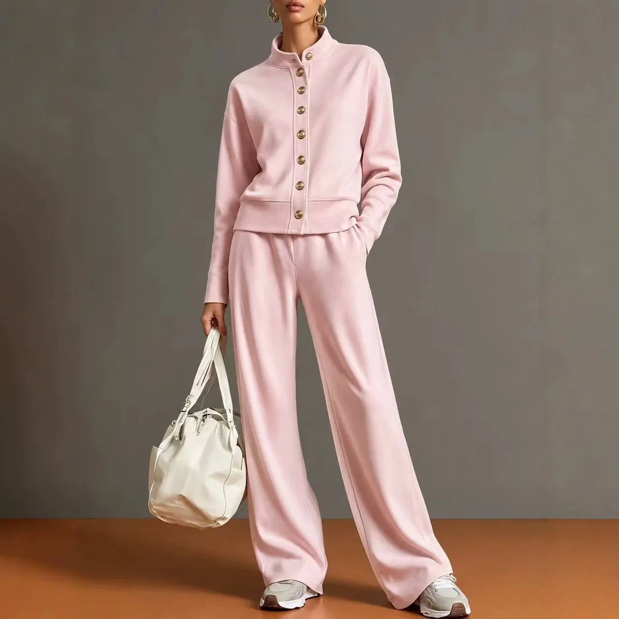 Solid Stand Collar Long Sleeve Wide-Leg Tracksuit Lounge Set | Seraphina Collection