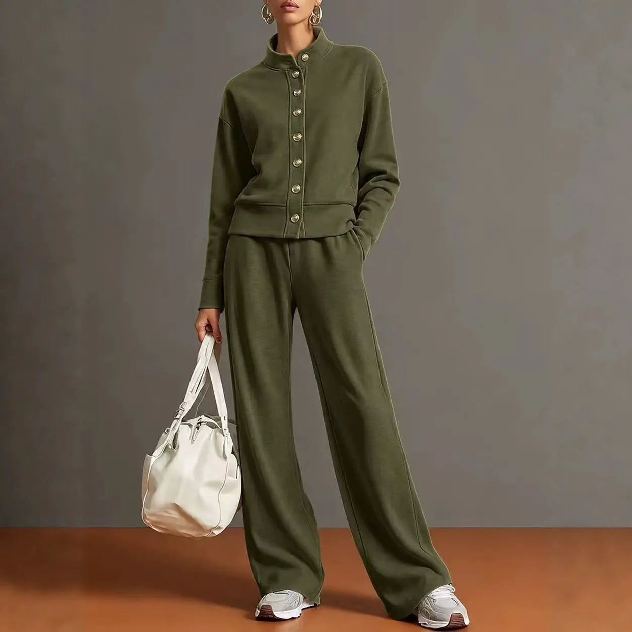Solid Stand Collar Long Sleeve Wide-Leg Tracksuit Lounge Set | Seraphina Collection