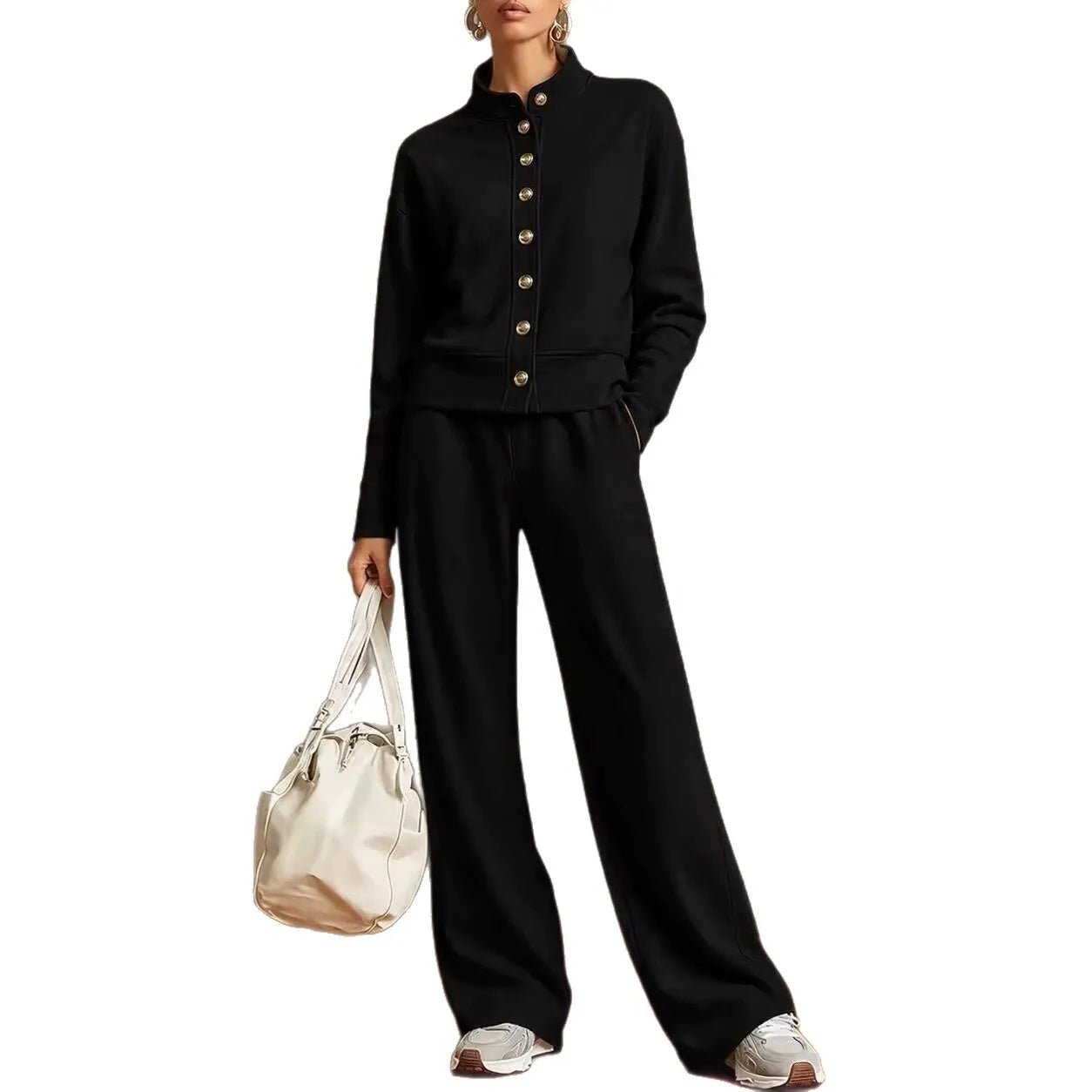 Solid Stand Collar Long Sleeve Wide-Leg Tracksuit Lounge Set | Seraphina Collection