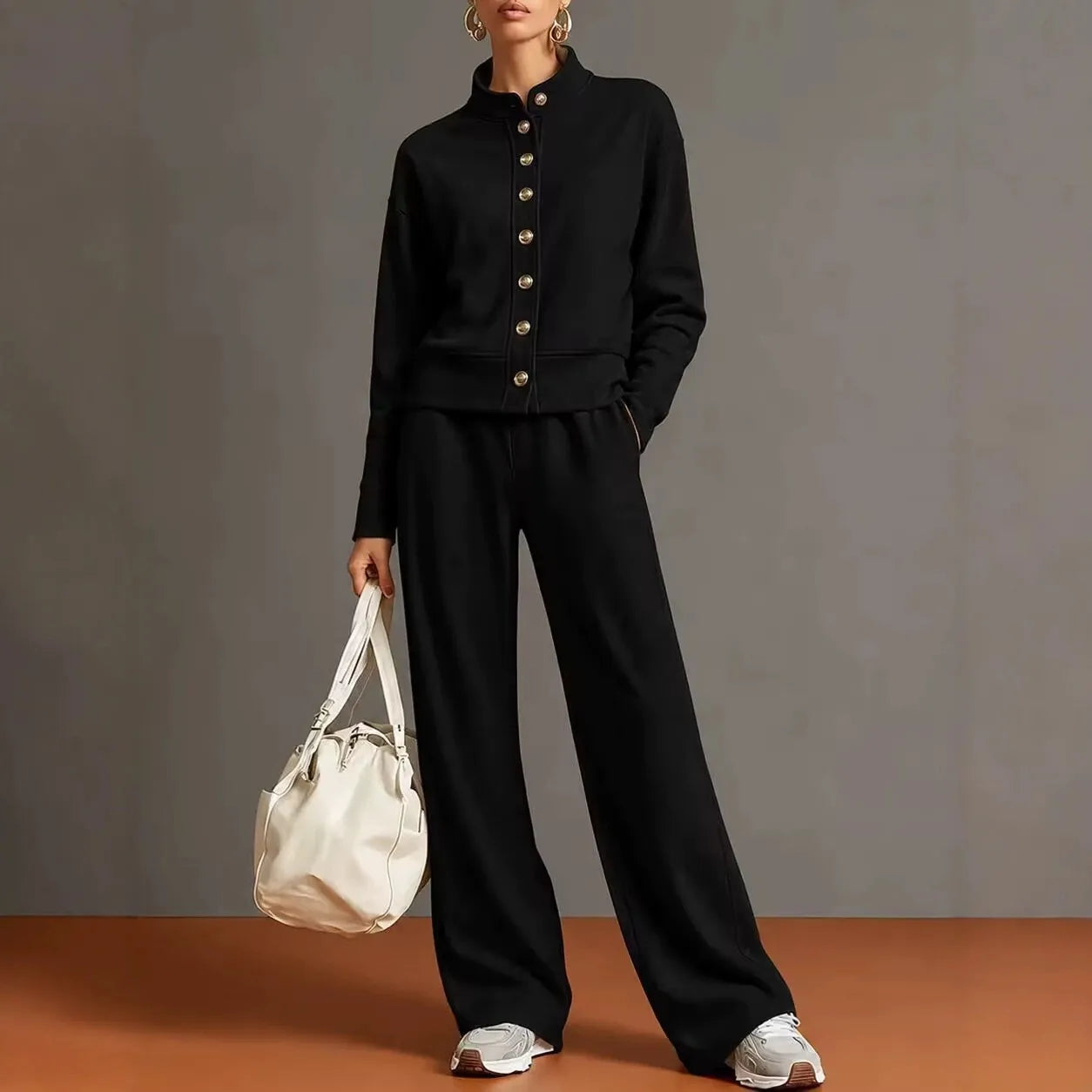 Solid Stand Collar Long Sleeve Wide-Leg Tracksuit Lounge Set | Seraphina Collection