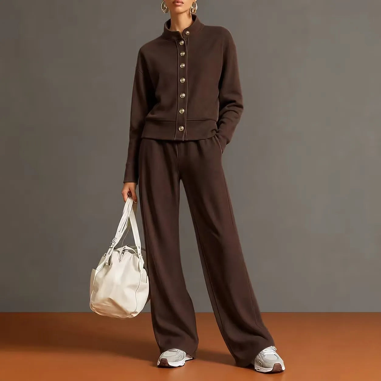 Solid Stand Collar Long Sleeve Wide-Leg Tracksuit Lounge Set | Seraphina Collection