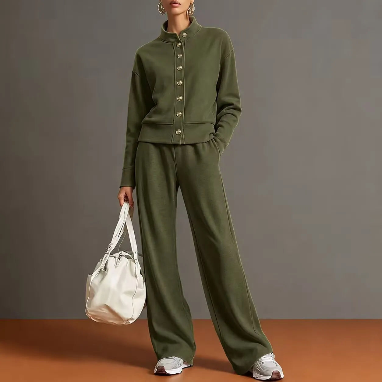 Solid Stand Collar Long Sleeve Wide-Leg Tracksuit Lounge Set | Seraphina Collection