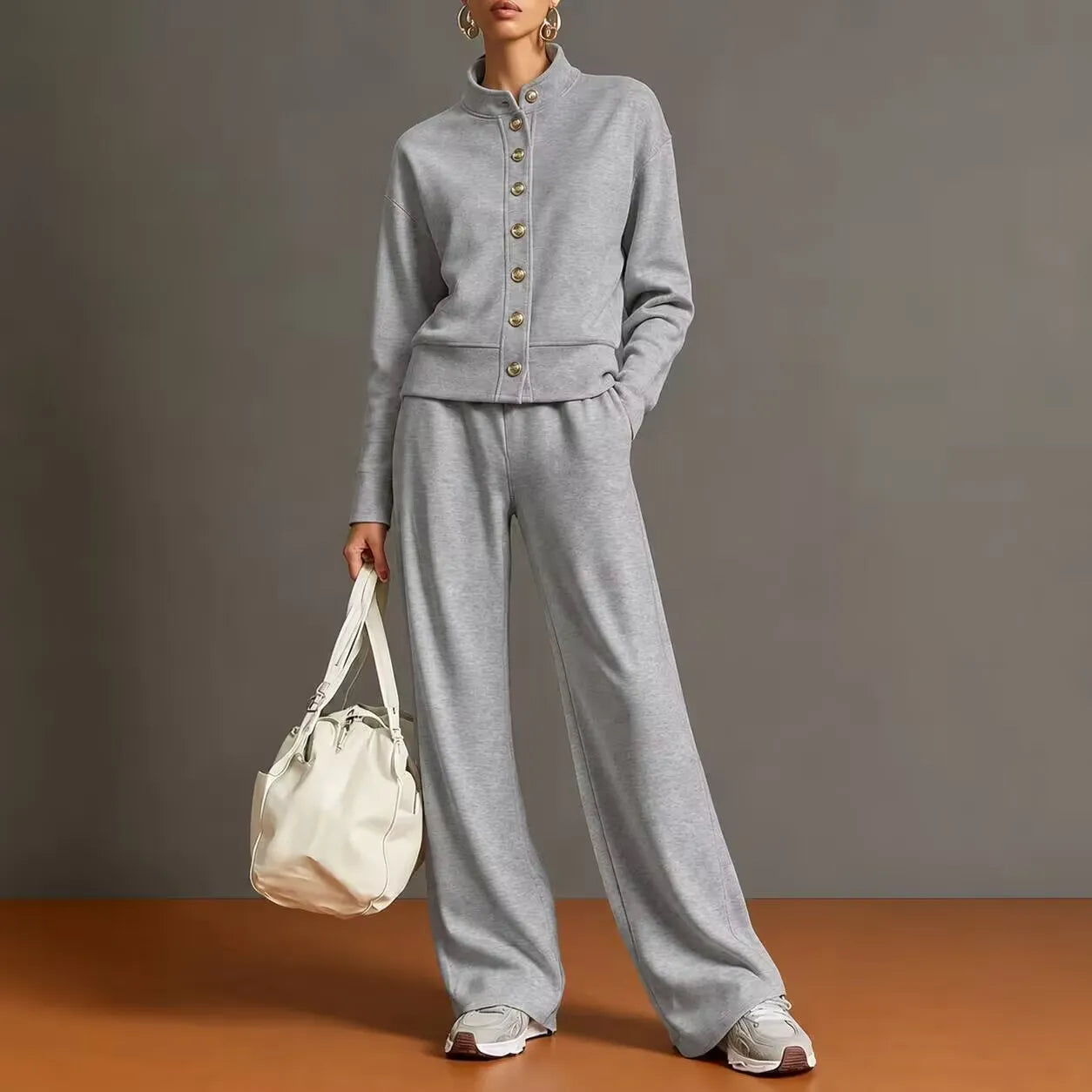 Solid Stand Collar Long Sleeve Wide-Leg Tracksuit Lounge Set | Seraphina Collection