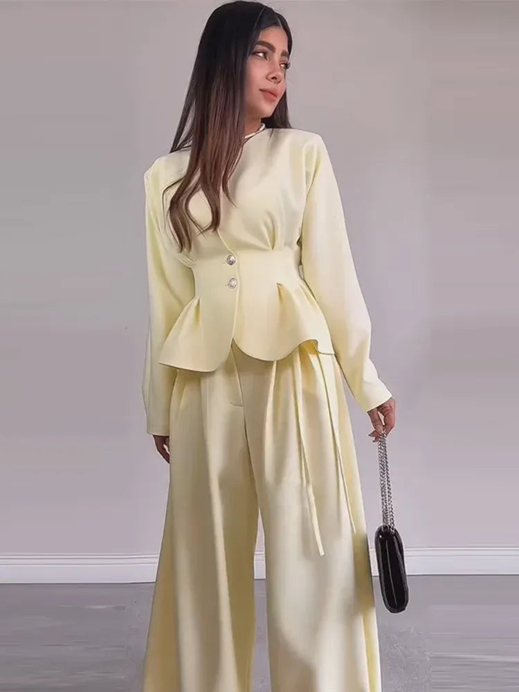 Solid V-Neck Long Sleeve Wide-Leg Pant Set Formal | Saffron Collection