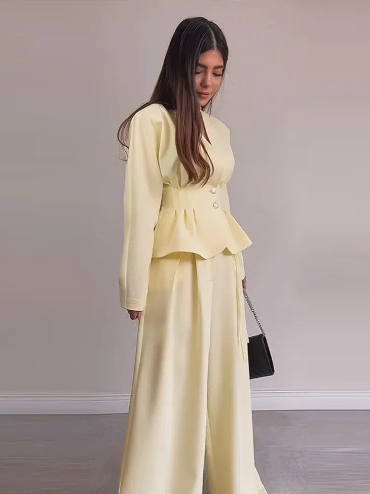 Solid V-Neck Long Sleeve Wide-Leg Pant Set Formal | Saffron Collection