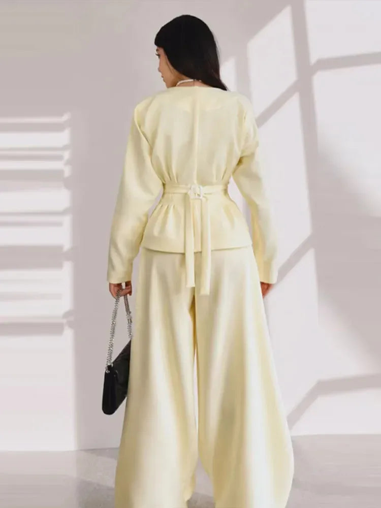 Solid V-Neck Long Sleeve Wide-Leg Pant Set Formal | Saffron Collection