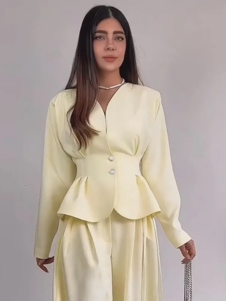 Solid V-Neck Long Sleeve Wide-Leg Pant Set Formal | Saffron Collection