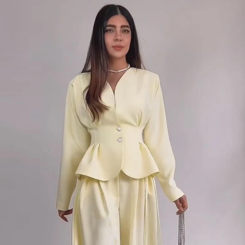 Solid V-Neck Long Sleeve Wide-Leg Pant Set Formal | Saffron Collection