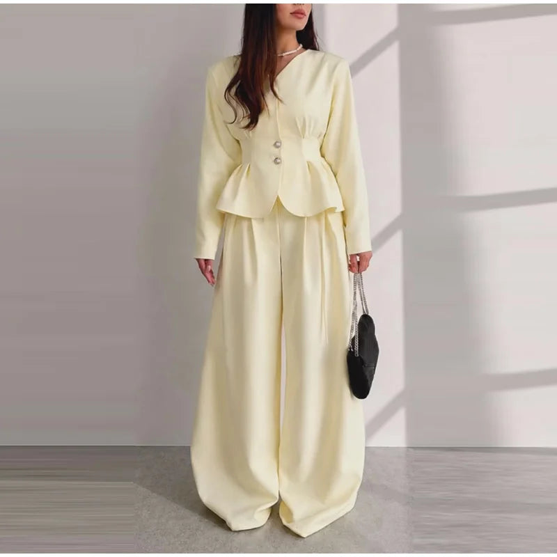 Solid V-Neck Long Sleeve Wide-Leg Pant Set Formal | Saffron Collection