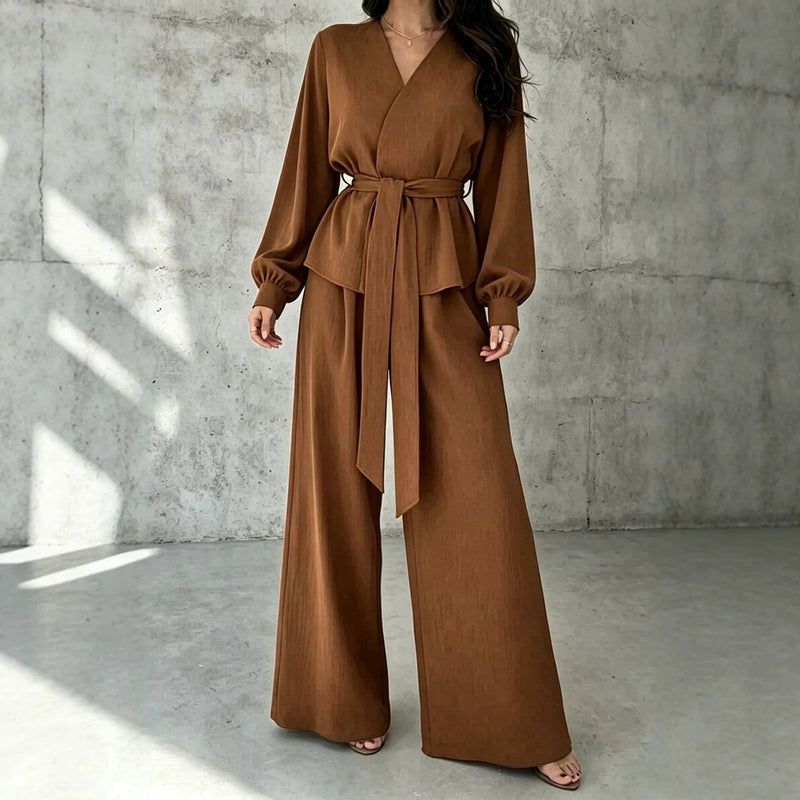Solid V-Neck Long Sleeve Wide Leg Pants Casual Set | Zephyr Collection
